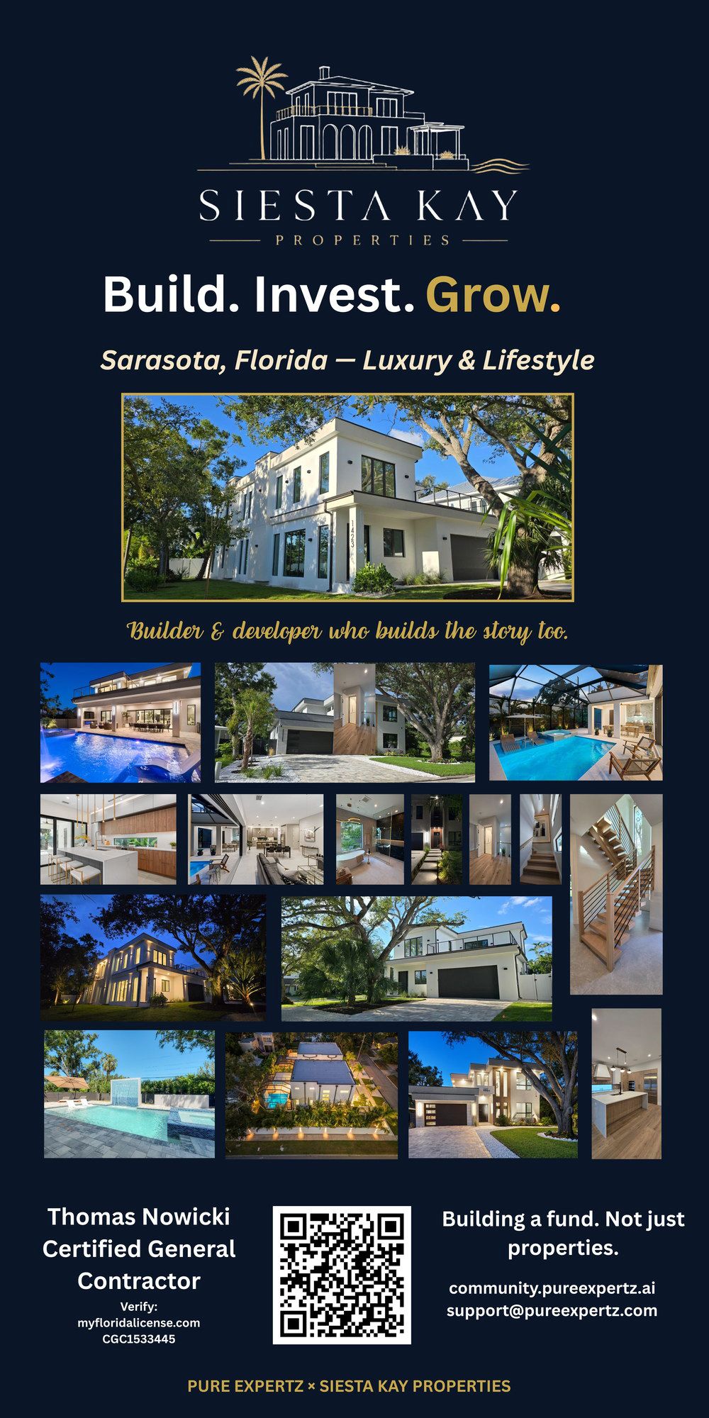 Siesta Kay Properties banner: Build. Invest. Grow. Sarasota, Florida, luxury and lifestyle, with a fifteen-image project grid and Thomas Nowicki's contractor license.